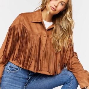 Forever 21 Faux Suede Fringe Trucker Jacket Camel